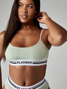 Missguided x Playboy Bộ đồ lót dệt kim gân và quần lót cạp cao có dây tương phản, thiết kế tối giản hiện đại, co giãn, thoải mái cổ điển, đồ lót mềm mại, mặc ở nhà - Màu xanh Bạc hà - Xem 5