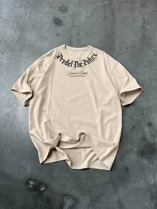 Manfinity EMRG 男士字母印花高领 T 恤 - 卡其色 - 查看 3