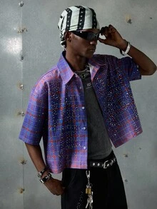 NEON BLANC Herrskjorta med vävd lila rutig strassdekor, lämplig för Halloween, street fashion - Blåröd - Visa 4