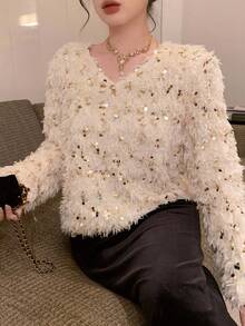 DAZY 亮片装饰宽松长袖上衣，独特设计，适合秋冬季 - 杏色 - 查看 6