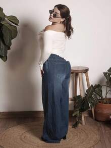 Lupita Cardoza 女牛仔裤休闲高腰阔腿裤蓝色女牛仔裤女夏装松紧腰牛仔裤牛仔裤休闲宽松直筒裤 - 深色水洗藍 - 查看 5