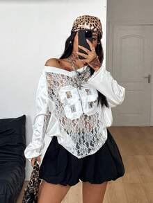 Coolane Women's & Men's Summer Streetwear Couple Same Style Y2K Gyaru Fairycore Game Day Contrast Lace Number Pattern Patched Oversized Long Sleeve Jersey T-Shirt - White - View 2