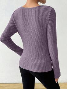 RosyDaze Áo thun dài tay cổ bẻ xếp nếp họa tiết cổ điển không đối xứng, vải thu cho nữ, áo len gân màu tím, áo tím, áo dài tay cho nữ, cổ yếm - Màu tím  Violet - Xem 2