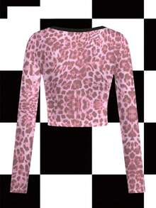 Maria Clara Maia Women's Leopard Print Bear Graphic Crew Neck Long Sleeve T-Shirt, Sexy Streetwear Y2K Style, Suitable For Autumn/Winter - Pink - View 2