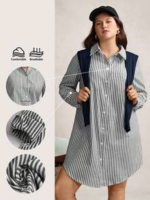 Zelara Plus Size Blue And White Striped Knee-Length Fall Dresses With Open Shirt Collar Baby Blue Dress Women Dress With Sleeves Blue Homecoming Dress Comfortable Cotton Business Casual Woman Work Dress Business Dress