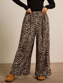 Freevana Plus Size Women Leopard Print Pleated Wide Leg Loose Casual Pants Fall Clothes Winter Clothes Ruffle Chic Casual Work Pants Wide Leg - Multicolor - View 5
