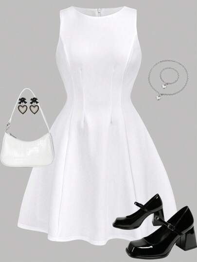 Girlism 少女纯色 A 字型无袖高腰修身优雅连衣裙，适合约会、秋夏女士连衣裙、茶会、聚会