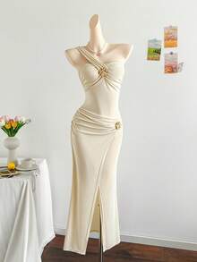 Soleia 女士优雅度假裹身开衩连衣裙，夏季 - 白色 - 查看 1