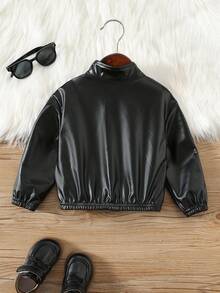SHEIN 男婴/女婴休闲时尚皮革翻领黑色夹克，适合圣诞派对、秋冬季