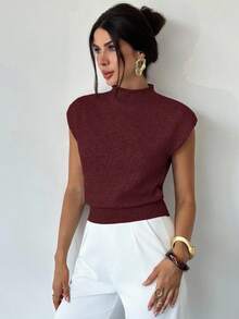 Firerie Elegant High Neck Loose Casual Versatile Sleeveless Knit Sweater Vest In Fall/Winter - Burgundy - View 4