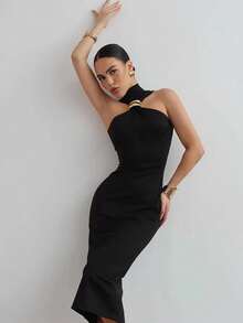 Siren Gaze Elegant And Sexy Metal Button Decorated Hollow Tight Stretch Dress, Elegant Date, Autumn And Winter Dress, Wedding Guest Dress