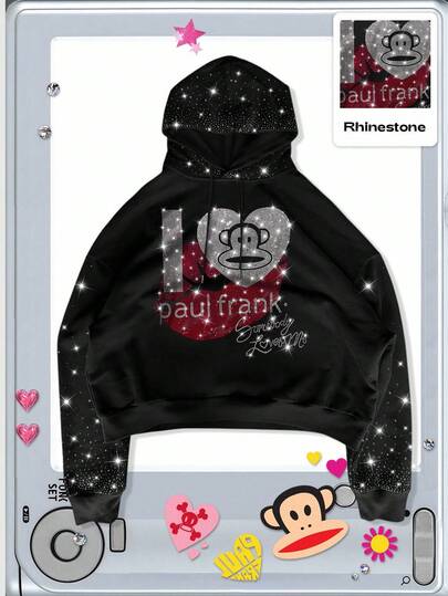 Paul Frank X ROMWE هودي رجالي مزين برينستون والحروف والرسوم الكرتونية، مناسب للارتداء اليومي، خريف/شتاء