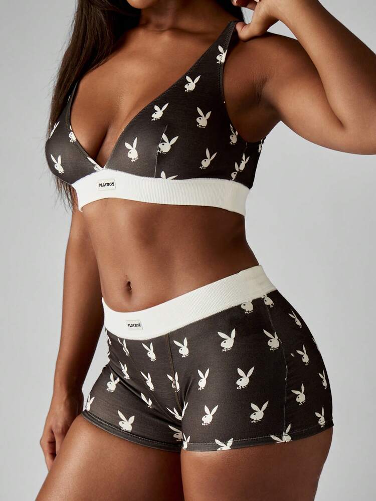 Missguided x Playboy Women's Printed V-Neck Triangle Bralette And Boy Short Underwear Set With Contrast Waistband Elastic Logo Detail Loungewear All Over Bunny Print Lingerie Underwear