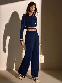 EURMUSE Marineblauer Crop-Pullover mit Kontrastbesatz & hochgeschnittene Strickjogginghose Set - 40cm locker sitzende Oberteil mit Tasche, Winterkleidung Damen, Winterkleidung, Herbstoutfits Damen, Herbst