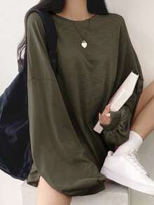 DAZY Solid Drop Shoulder Oversized Tee Long Sleeve Women Tops - Army Green - View 7