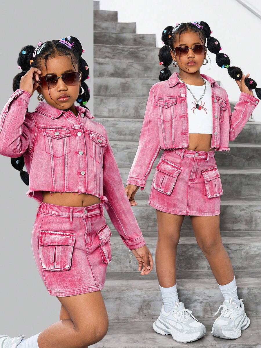 SHEIN 2 件套 Tween 女童 Y2k 水洗卡其色牛仔翻领长袖短款夹克和牛仔迷你工装裙套装，适合女童街头装和日常穿着 - 粉色 - 查看 1