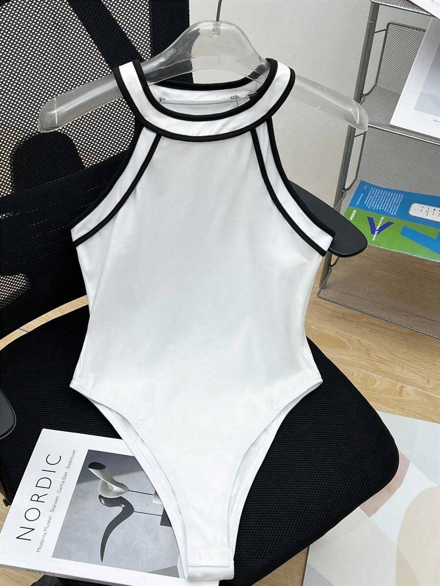 SHEIN LUNE Women's Contrast Color Trim Halter Neck Bodysuit Casual Sports Bodysuit - White - View 1