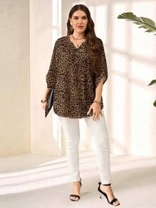 EMERY ROSE Camisa de mujer de talla grande con estampado de leopardo de 3/4 de manga, adecuada para ir al trabajo y salidas de otoño - Multicolor - Ver 3