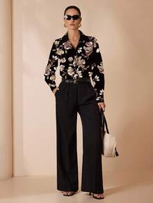 Glamance Shutterstock 黑色花卉印花休闲优雅简约女士长袖翻领衬衫，适合日常、工作、外出、办公室、旅行、教师节、波西米亚风、秋冬季穿着。花卉衬衫，适合工作场合，时尚别致的女式衬衫。 - 彩色 - 查看 3