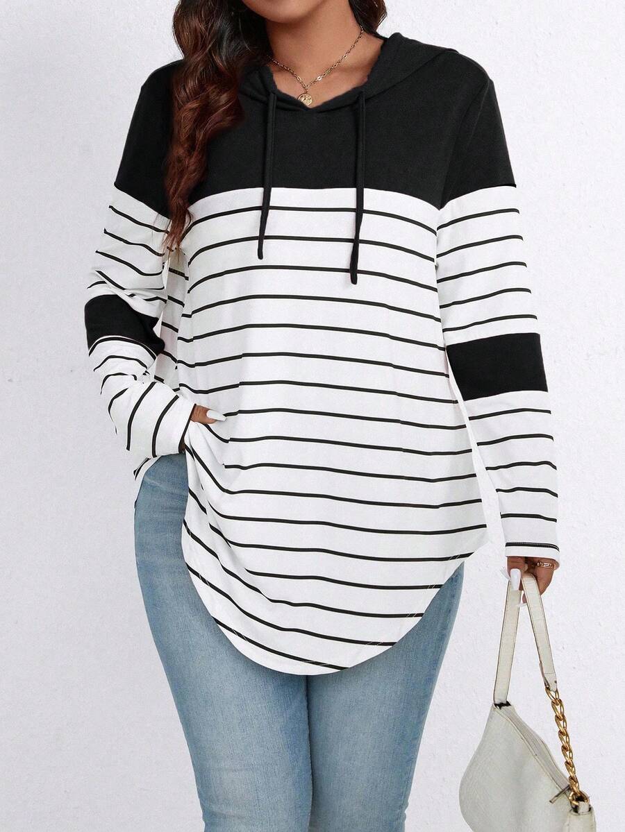 SHEIN LUNE Plus Size Striped Color Block Hooded Long Sleeve T-Shirt With Drawstring Graphic Tees Women Tops For Spring - Black and White - View 1