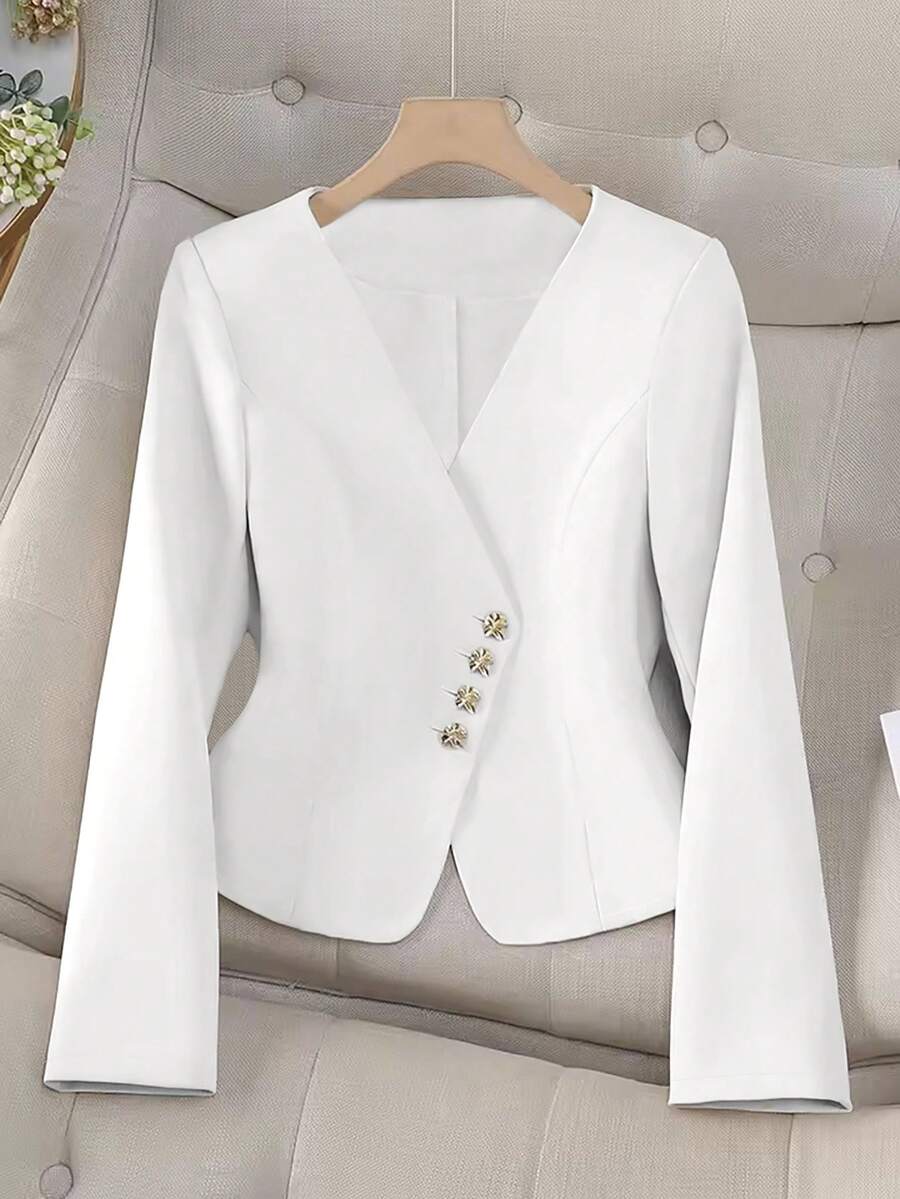 GlowEve CURVE Plus Size Solid Color Front Button V-Neck Elegant Office Wear Long Sleeve Blazer Fall Cloth For Women - White - View 1