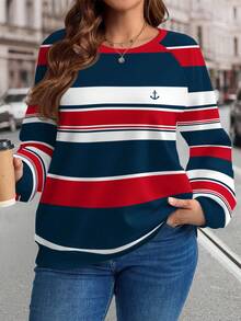 EMERY ROSE Áo nỉ tay raglan màu trơn phong cách đại học cổ điển sọc tương phản màu đỏ và xanh lam, họa tiết logo hàng hải, thường ngày cỡ lớn, lễ tốt nghiệp mùa thu và đông, quần áo trở lại trường, Gra - Nhiều màu - Xem 1