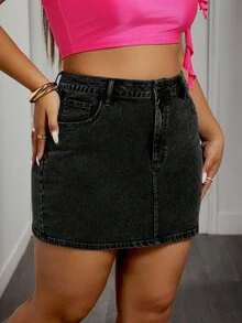 Slaydiva Plus Size Simple Red Bow Decor Pocket Denim Skirt - Black - View 3