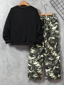 2pcs/Set Teenager Black Hoodie With Fashionable Camouflage Pocket Matched With Camouflage Cargo Pants, Suitable For Autumn/Winter Outdoor Sports Fall