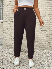 SHEIN PETITE CURVE Plus Size Solid Color Elastic Waist Patch Pocket Casual Pants - Chocolate Brown - View 4