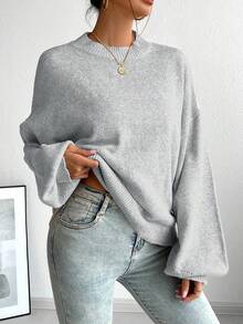 SoleilVie 休闲法式宽松圆领长袖针织毛衣，百搭秋冬 - 灰色 - 查看 3