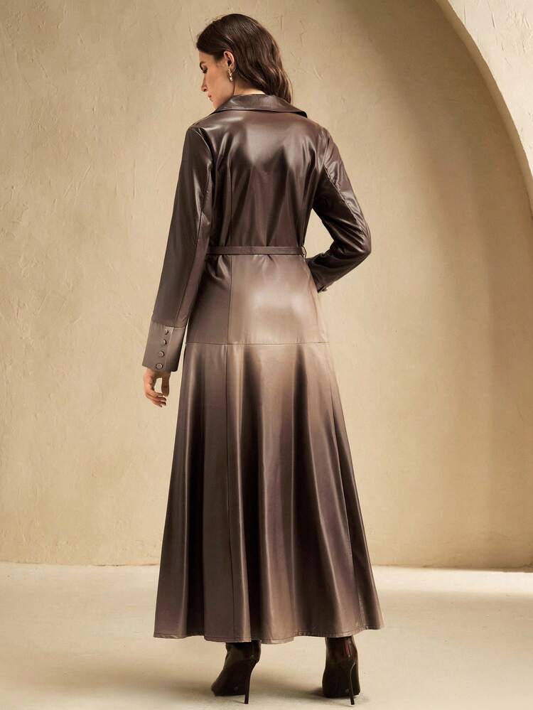 Vestido Camisa de Couro Sintético Degradê Elegante para Trabalho e Encontros, Bainha Longa Evasê, Outono/Inverno