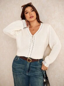 Elaquor 秋季大码女式撞色蕾丝V领长袖单排扣休闲针织开衫 - 白色 - 查看 5