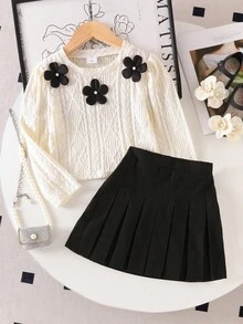 SHEIN Elladie kids 女童可爱黑色碎花图案白色长袖圆领打底衫搭配黑色百褶舒适迷你裙T恤套装，秋冬款 - 白色 - 查看 5
