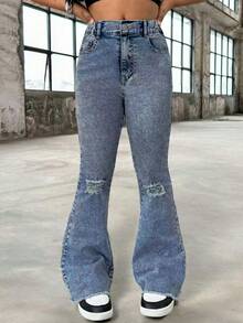 SHEIN Explorewe TWEEN GIRLS 复古水洗色牛仔裤，街头风格，做旧下摆喇叭裤，百搭时尚新设计 - 中等水洗藍 - 查看 8