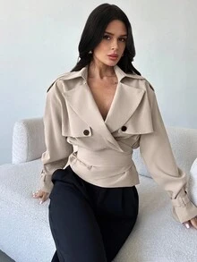 Firerie 女士优雅通勤翻领短款风衣，秋季