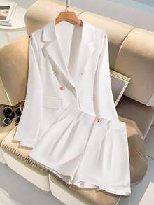 Franclia Elegant Solid Color Double-Breasted Blazer And Shorts Set, Suitable For Daily Commute Fall Cloth For Women