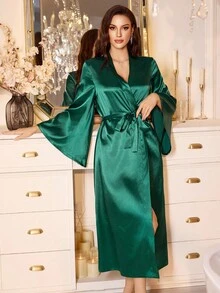 LuxeNights French Elegant Loose Long Robe, Women Sleepwear Robe, Green Long Satin Robe, For Fall, Winter - Dark Green - View 3