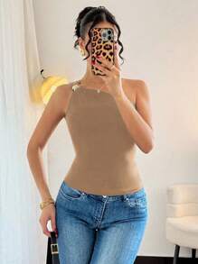 Rafferiza 女士黑色性感金属褶皱无袖黄棕色 - 卡其色 - 查看 4