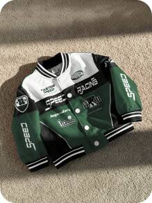 SHEIN Baby Boy Green And Black Color Block Casual Sports Streetwear Motorcycle Jacket, Suitable For Home, Outgoing And Sports, Spring/Autumn/Winter