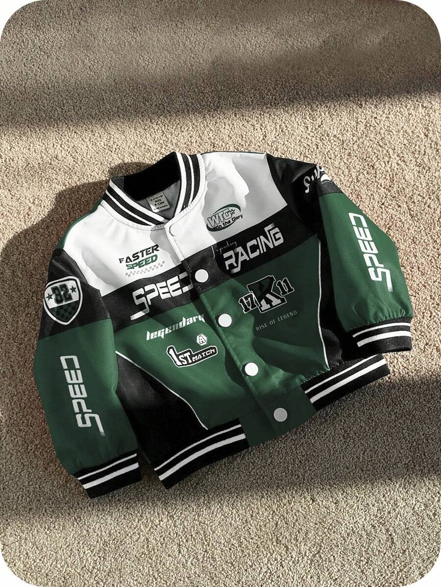 SHEIN Baby Boy Green And Black Color Block Casual Sports Streetwear Motorcycle Jacket, Suitable For Home, Outgoing And Sports, Spring/Autumn/Winter
