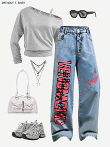 Tween Girls' Wide Leg Jeans, Street-Style Cool & Fashionable Casual College Look, Light Blue Washed Denim With Red + Black English Graphic Print For Edgy Vibe, Relaxed Fit Hides Flaws, Elastic Waistband For Comfort, Suitable For Daily Outings, Dates, Leisure Activities, Back To School Season, Vacations, A Versatile Fashion Piece For Year-Round Wear - Light Wash - View 4