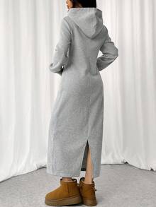 Tween Girl Solid Color Long Sleeve Hooded Pocket Super Long Casual Hoodie Sweatshirt Dress With Thermal Lined, Thick Long Style, Suitable For Autumn/Winter, Long Sleeve Top For Graduation, Back To School, Winter Clothes, Gray Long Sleeve Dresses Girl Sweat Dress Casual Dress - Grey - View 7