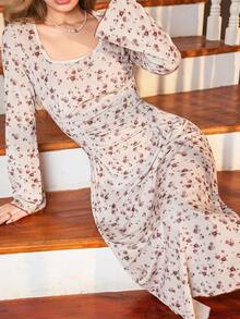 CottageSlumber Cămașă de noapte lungă din catifea, maro kaki, romantică, vintage, cu decolteu pătrat, talie încrețită, model floral, maro/kaki, pijamale pentru femei de toamnă/iarnă, toamnă