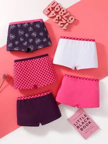 5件装 女童/学生 心形和棋盘格印花 舒适棉质内裤 - 彩色 - 查看 2