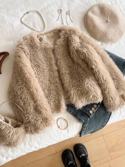 Tween Girls Solid Color Plush Long Sleeve Jacket Fall Winter