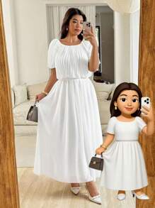 Vionelle Plus Size Women's White Summer Elegant Silky Holiday Chiffon Solid Color Round Neck Pleated Short Sleeve Top,Elastic Waist Flared Long Skirt 2pcs Set - White - View 5