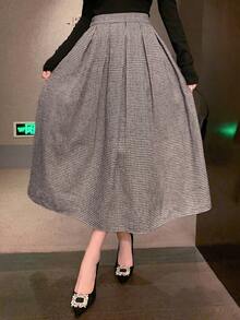 DAZY Falda plisada de línea A de estilo casual con estampado de pata de gallo para mujer, otoño