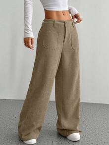 Flirla Women's Autumn Simple Solid Color Corduroy Casual Loose Straight Pants Fall Cloth For Women - Brown - View 3