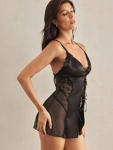 Charlaine 缎面、网眼拼接、系带、收腰、修身、透视、荷叶边下摆、蕾丝拼接、浪漫法式、优雅别致的女士性感睡袍 - 黑色 - 查看 5