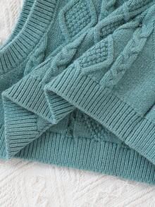 SHEIN Vintaside Kids 婴儿和女孩时尚可爱百搭真品两件套毛衣套装、针织套头背心和编织彼得潘领连衣裙，可作为外套 - 綠色 - 查看 4